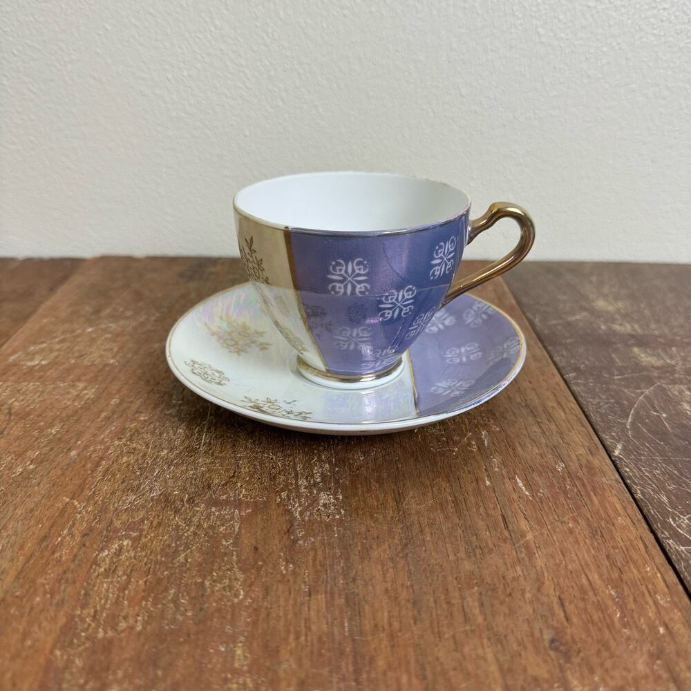 Antique‎ Lusterware Iridescent Tea Cup Saucer White Purple Color Block Gold Gilt